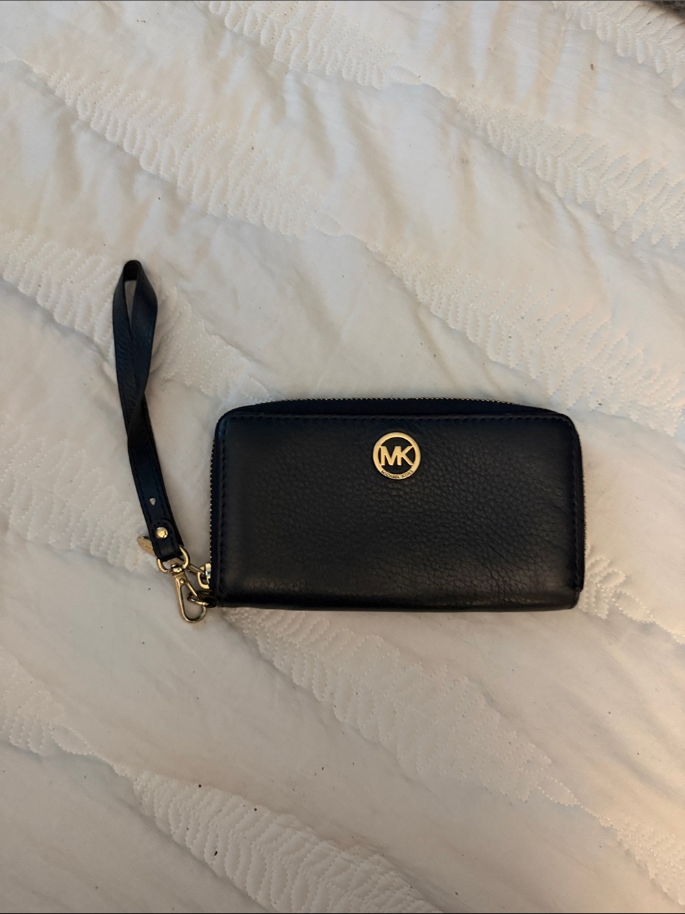 Michael Kors Blue Pebbled Leather Zip Wristlet with Gold MK Logo